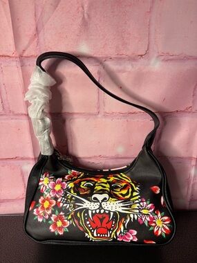 Ed Hardy Black Shoulder Bag with Tiger and Pink Floral Motif